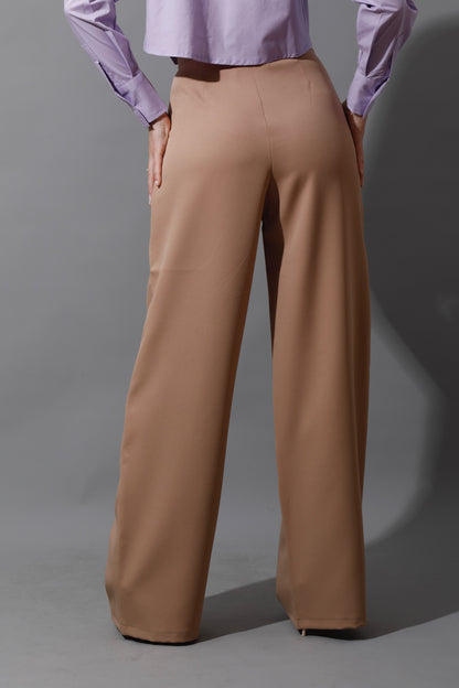 Noelle High Waist Wide Leg Trousers - Beige