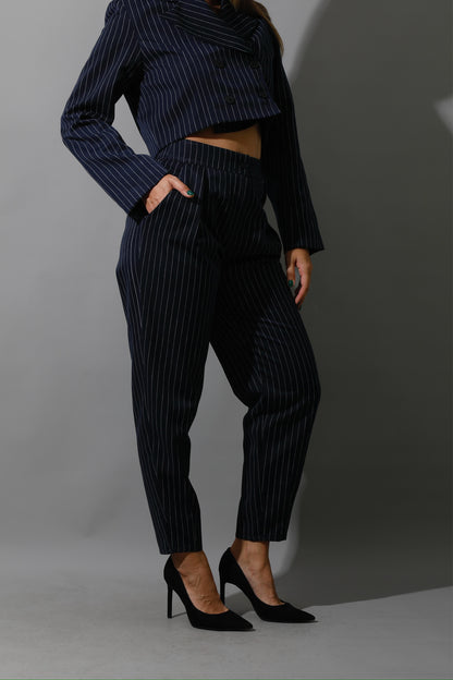 Striped Cropped Blazer, Bra Top & Paper-bag Pants Co-Ord - Navy