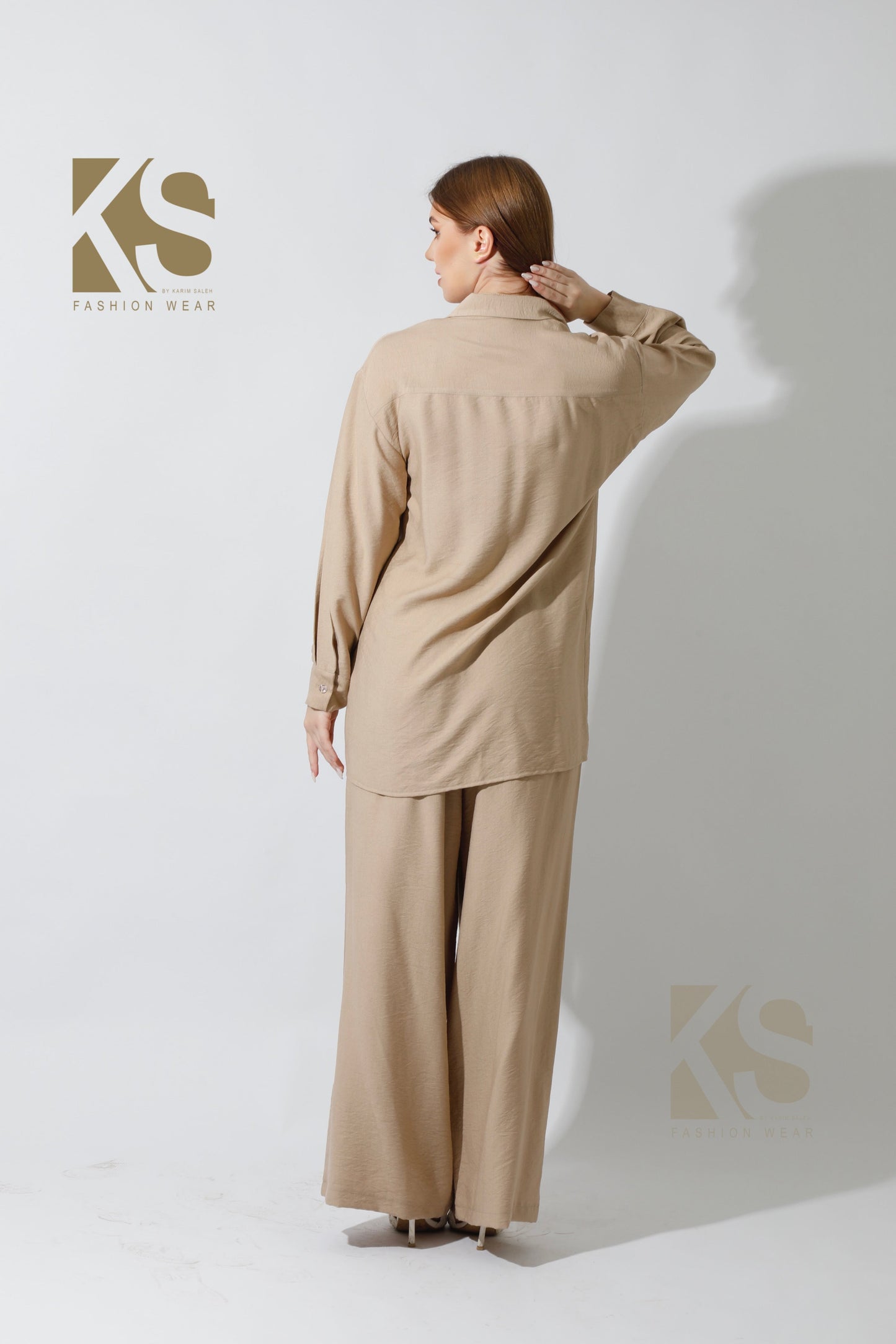 Wide Leg Trousers Set - Beige