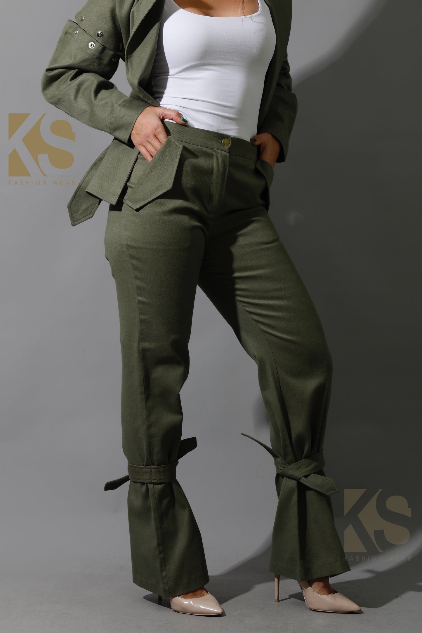 Co-Ord Detached Sleeves Jacket &  Tied BootCut pants - Olive