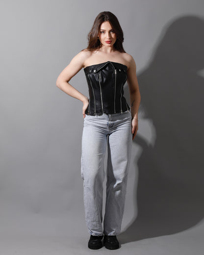 Leather Zippers Corset - Black