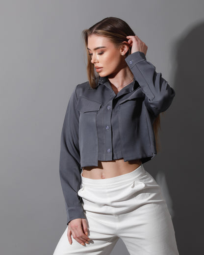Pockets Cropped Shirt - Gray
