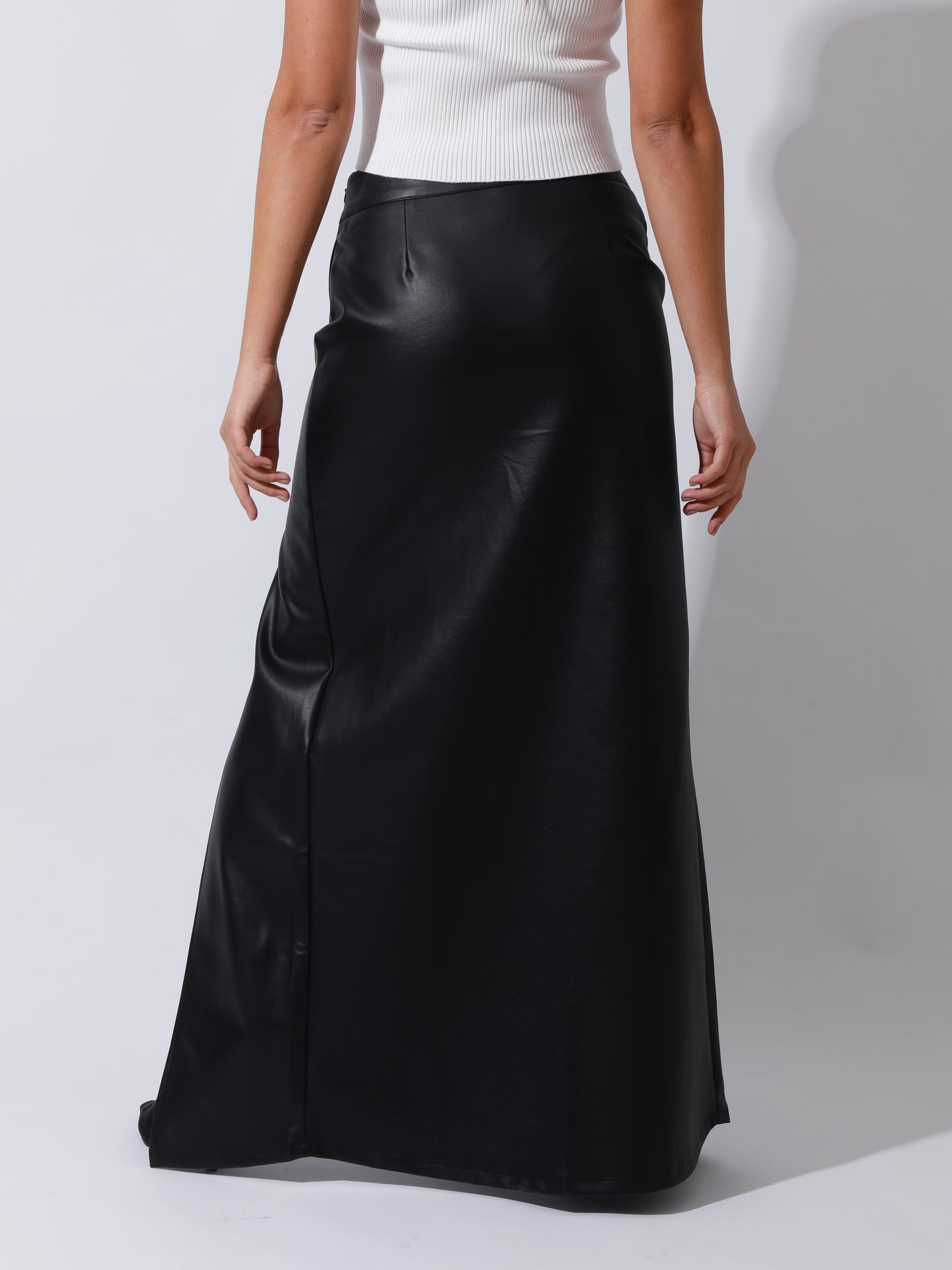 Leather Front Slit Skirt - Black