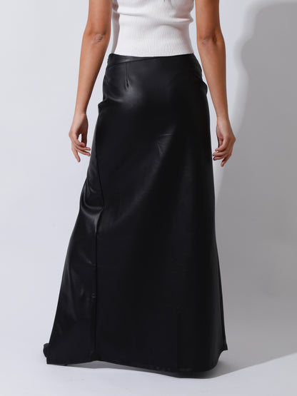 Leather Front Slit Skirt - Black