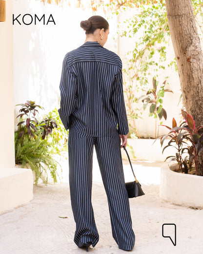 Della Striped Pajama Shirt & Flare Trousers Set - Navy