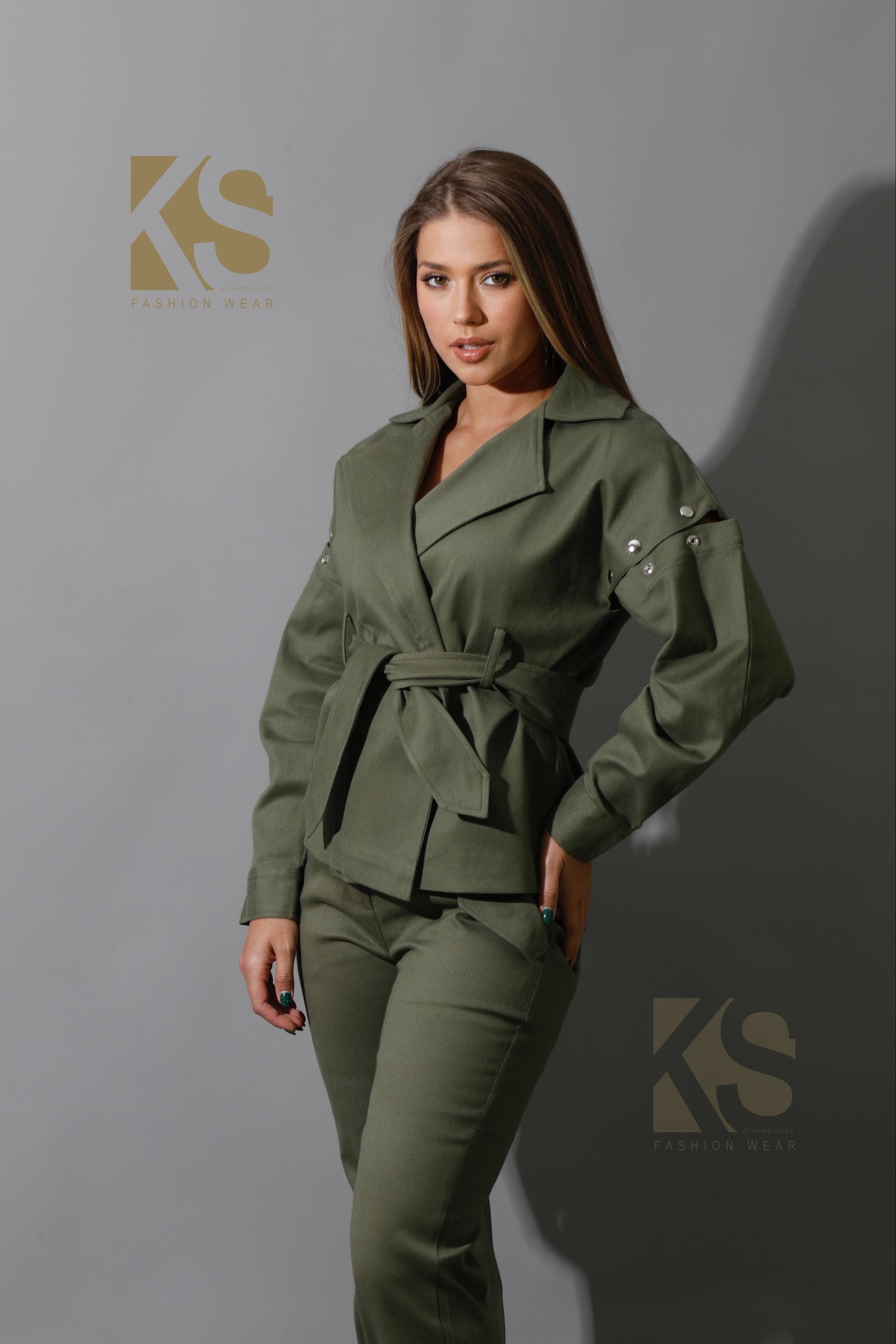 Co-Ord Detached Sleeves Jacket &  Tied BootCut pants - Olive