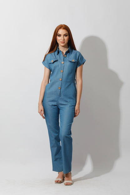 Buttons Jeans Jumpsuit - Blue