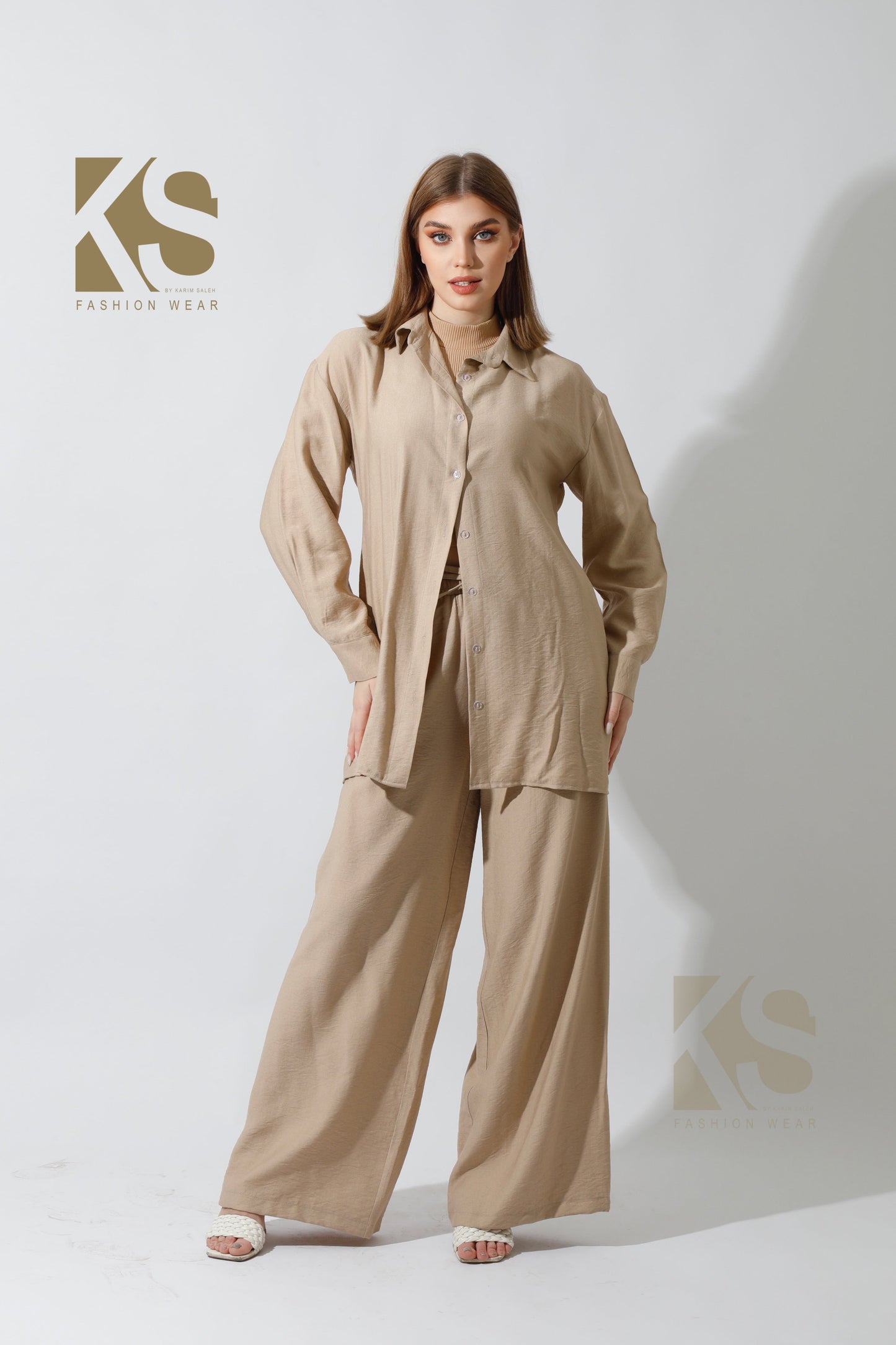 Wide Leg Trousers Set - Beige
