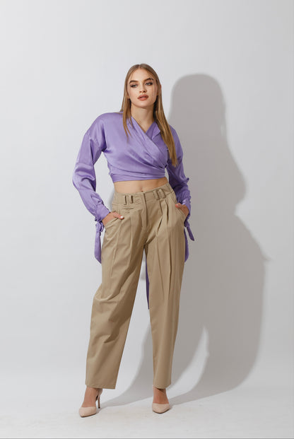 High Rise Paper-Bag Pants - Beige