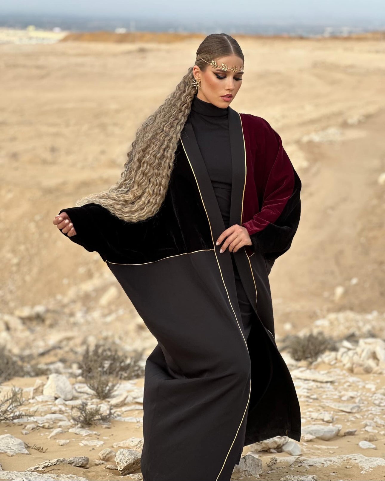 Velvet Double Colored Long Kaftan - Maroon/Black & Gold