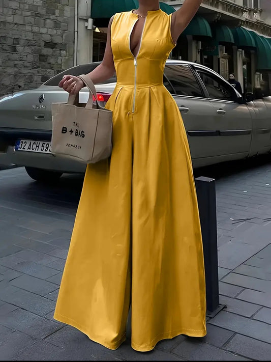 Olivia Sleeveless Wide Leg Jumpsuit - Mustard