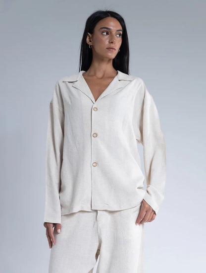 Ella Stitch Linen Shirt In Sand - Beige