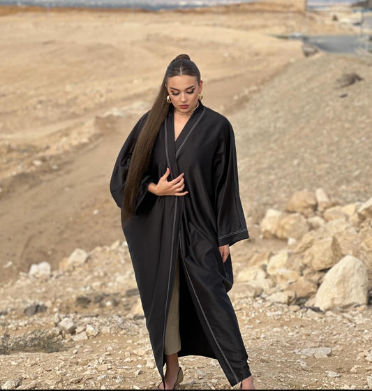 Satin White stitching  Long Kaftan - Black