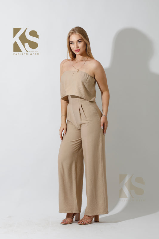 Wide Leg Jumpsuit - Beige