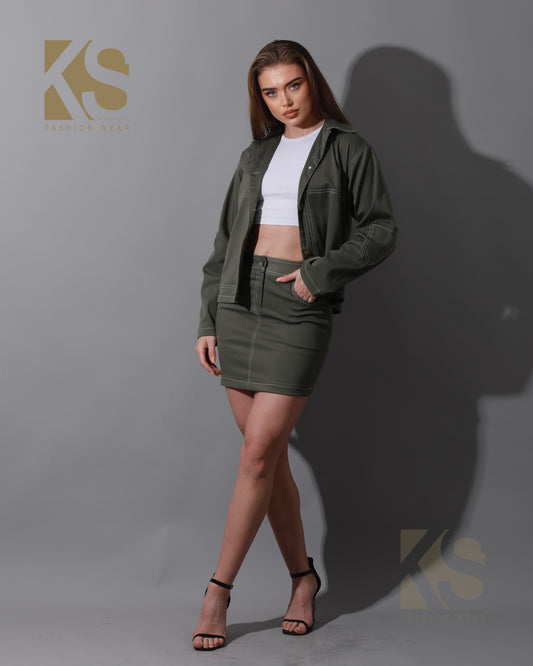 Co-Ord Gabardine Sleeves Jacket & Short Skirt - Olive