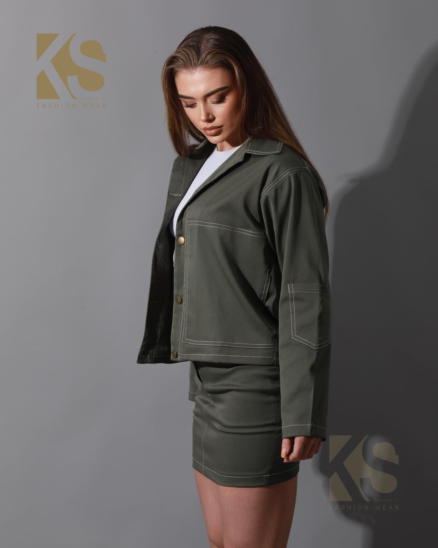 Co-Ord Gabardine Sleeves Jacket & Short Skirt - Olive