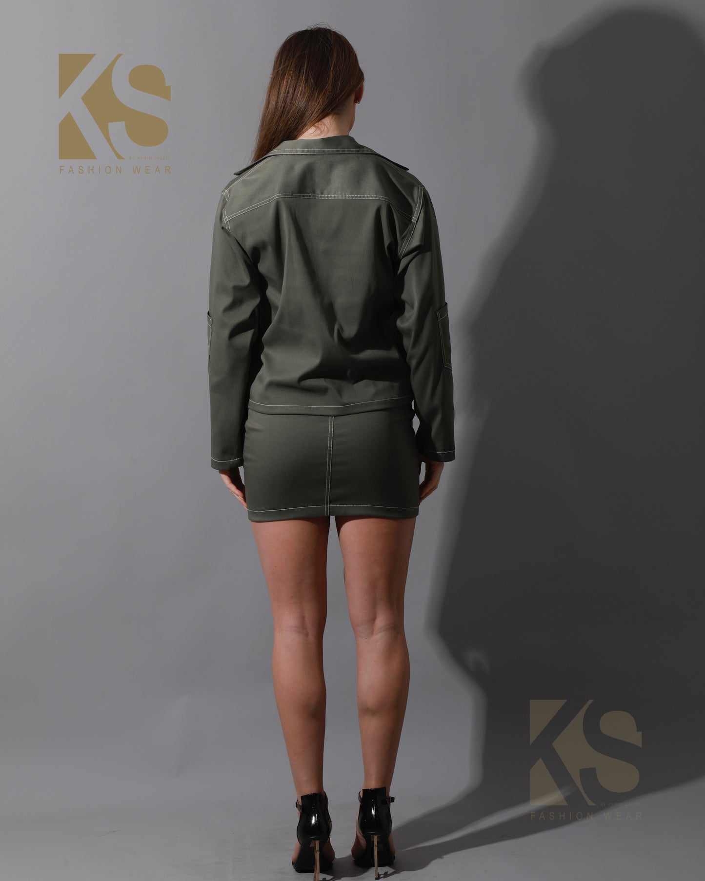 Co-Ord Gabardine Sleeves Jacket & Short Skirt - Olive