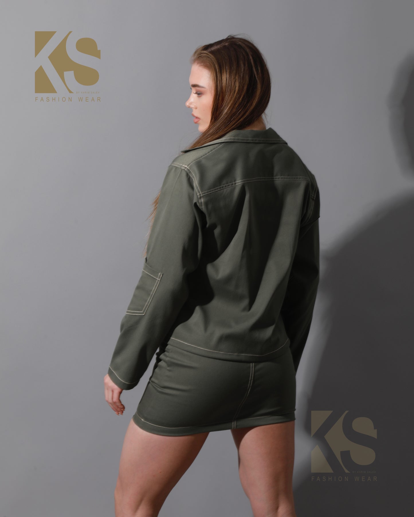 Co-Ord Gabardine Sleeves Jacket & Short Skirt - Olive