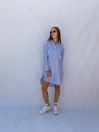 Oversized Striped Shirt Dress - Striped Blue