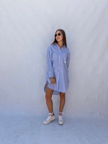 Oversized Striped Shirt Dress - Striped Blue