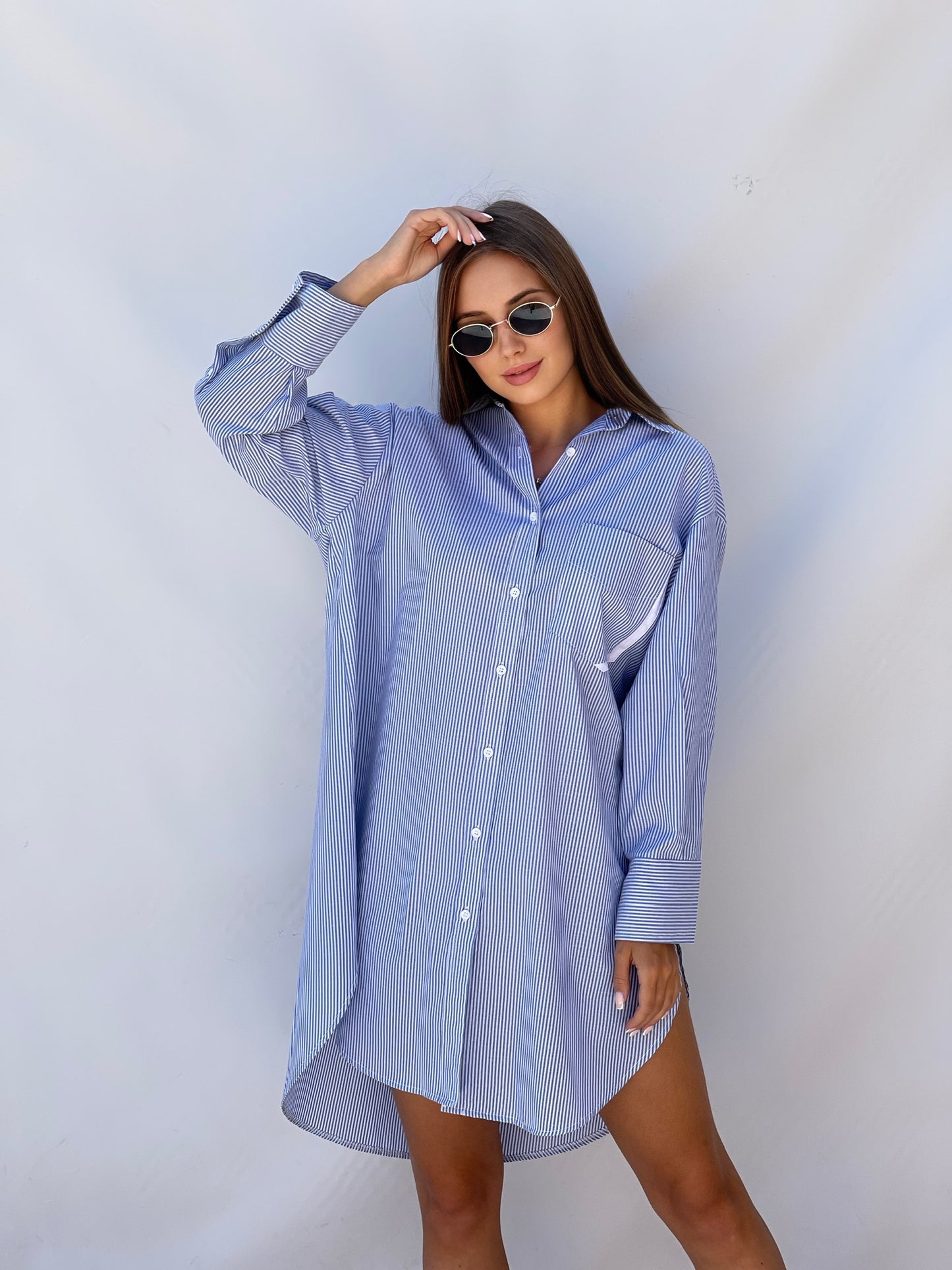 Oversized Striped Shirt Dress - Striped Blue