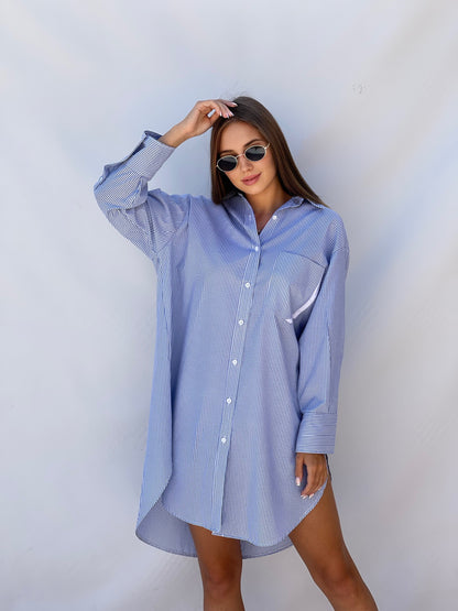 Oversized Striped Shirt Dress - Striped Blue