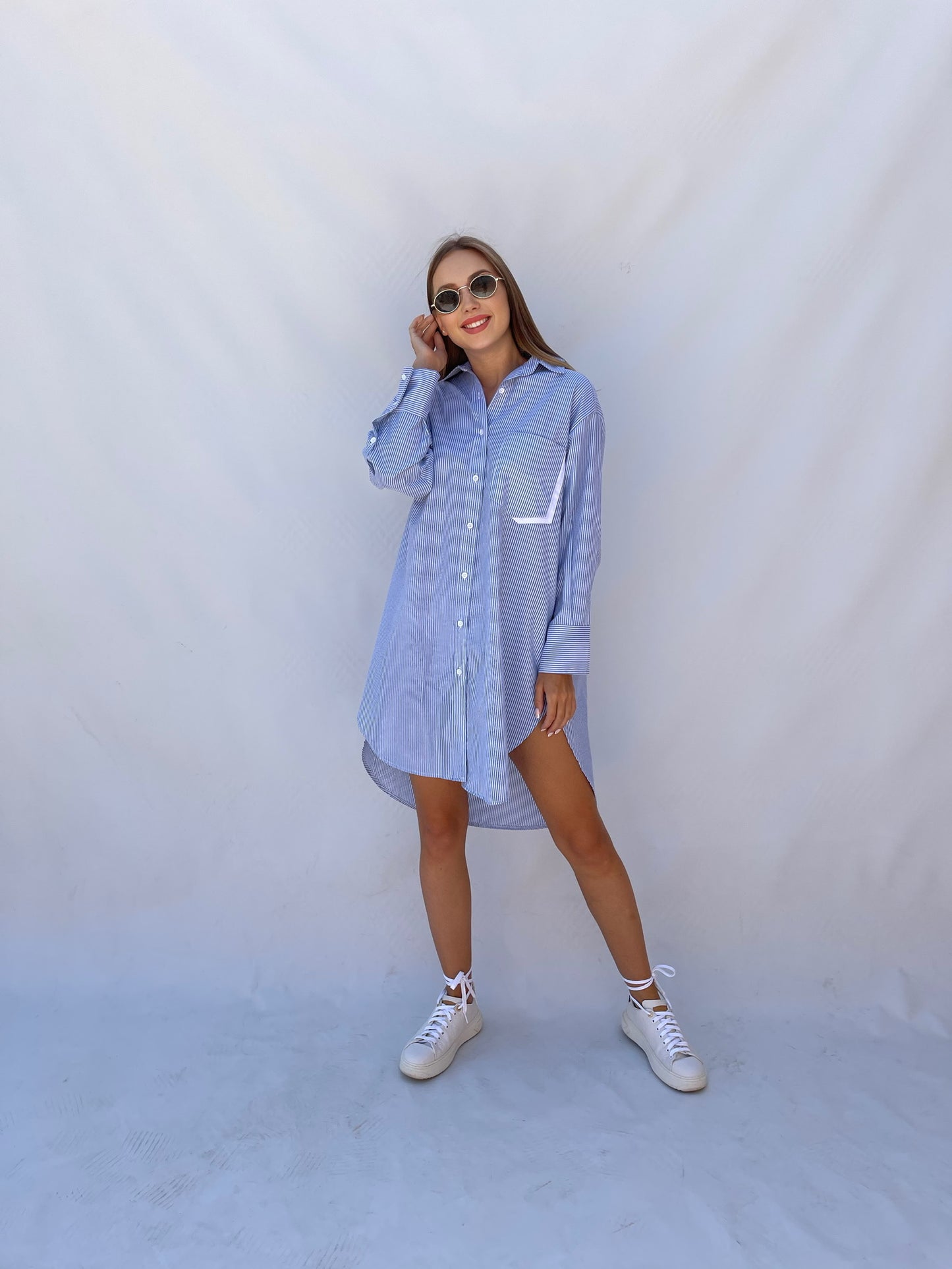Oversized Striped Shirt Dress - Striped Blue