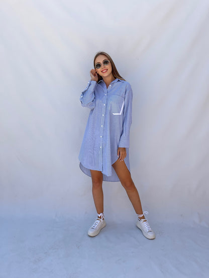 Oversized Striped Shirt Dress - Striped Blue