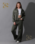 Co-Ord Gabardine Cutout Shirt & Cutout Pants - Olive