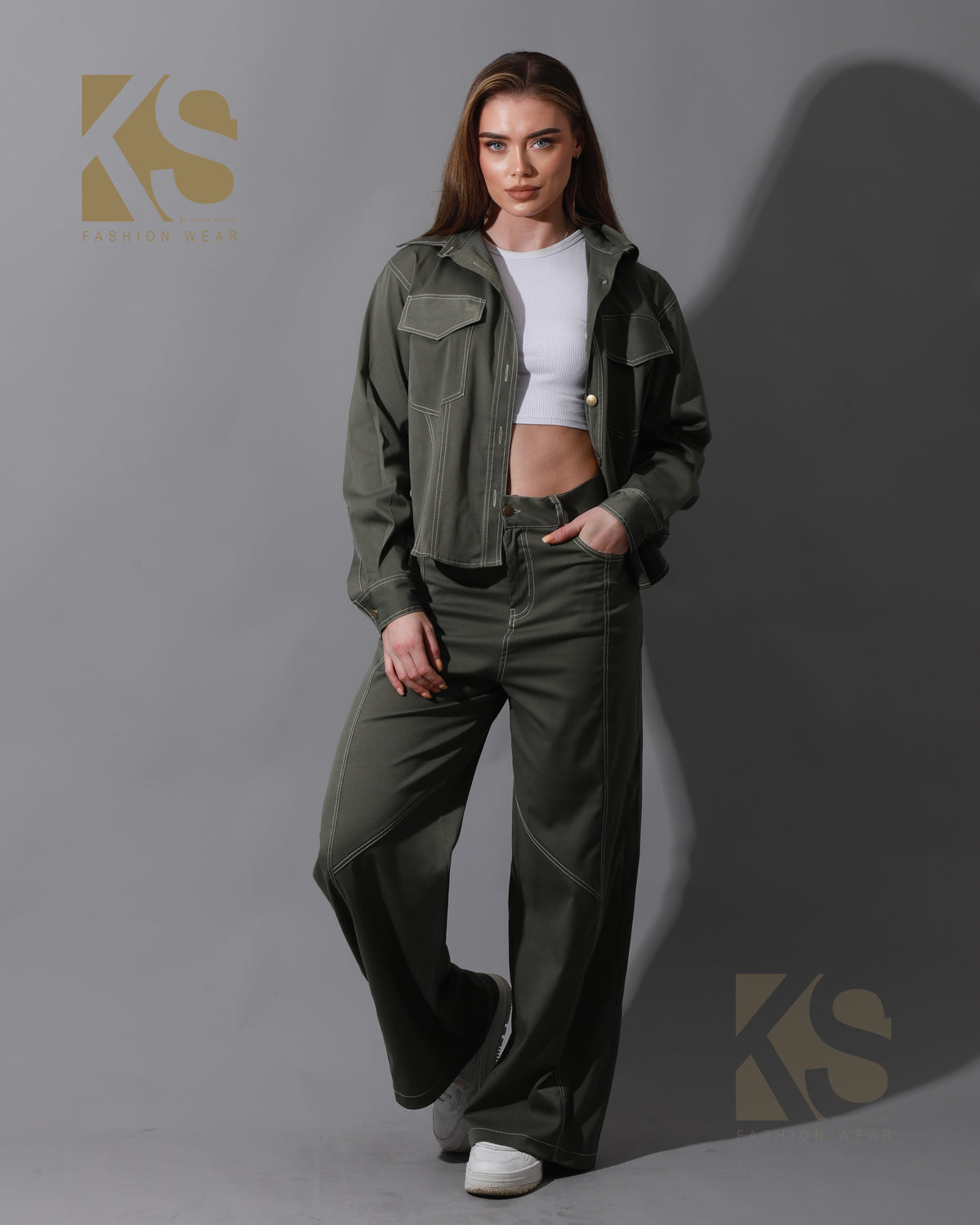 Co-Ord Gabardine Cutout Shirt & Cutout Pants - Olive