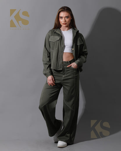 Co-Ord Gabardine Cutout Shirt & Cutout Pants - Olive