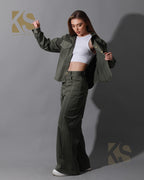 Co-Ord Gabardine Cutout Shirt & Cutout Pants - Olive