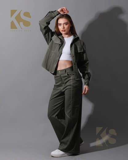 Co-Ord Gabardine Cutout Shirt & Cutout Pants - Olive