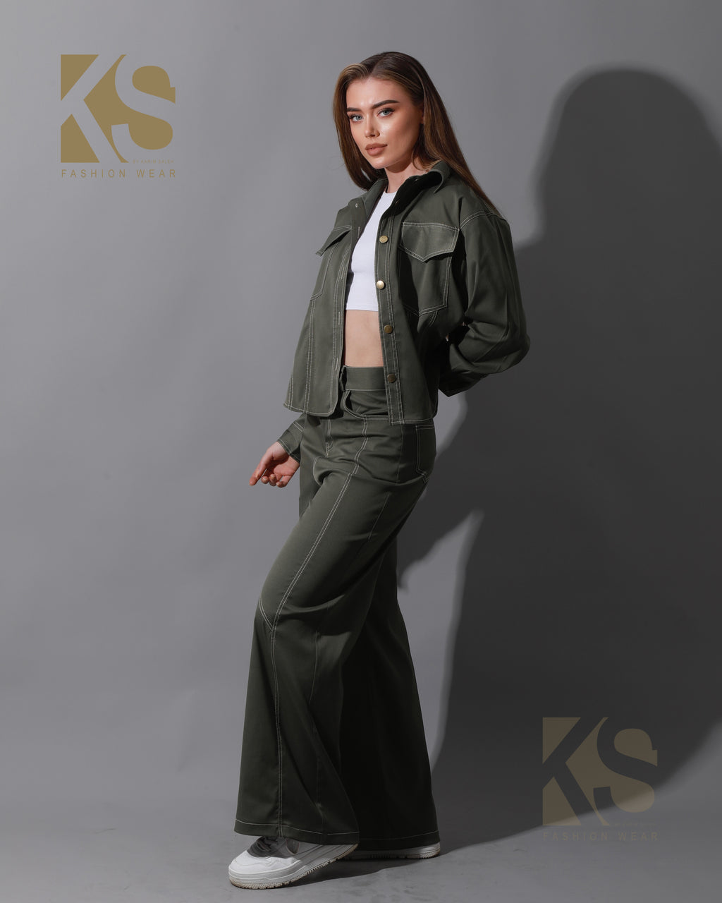 Co-Ord Gabardine Cutout Shirt & Cutout Pants - Olive