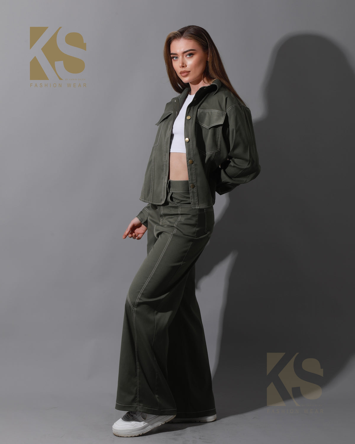 Co-Ord Gabardine Cutout Shirt & Cutout Pants - Olive