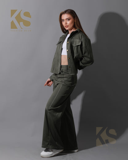 Co-Ord Gabardine Cutout Shirt & Cutout Pants - Olive
