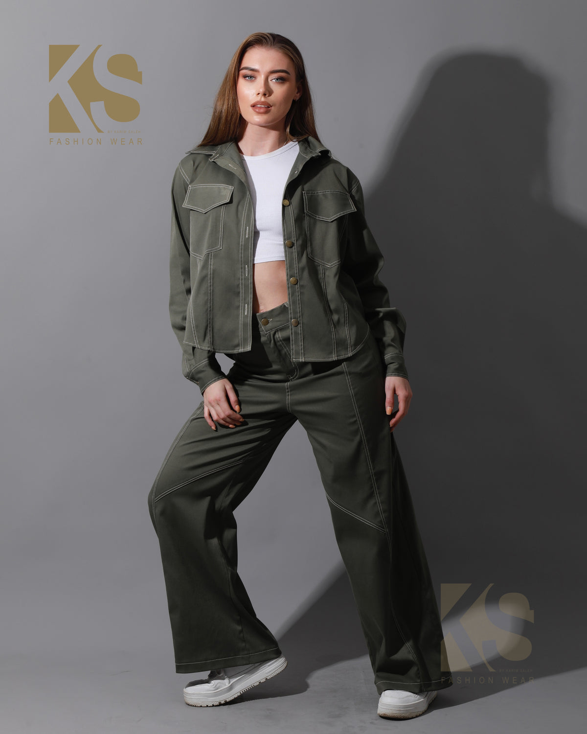 Co-Ord Gabardine Cutout Pants - Olive