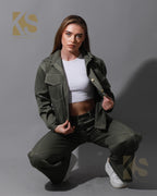 Co-Ord Gabardine Cutout Shirt & Cutout Pants - Olive
