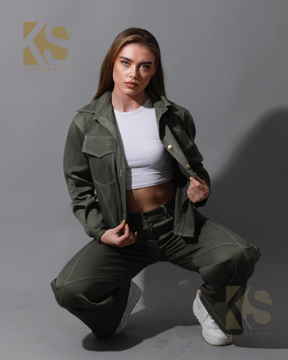 Co-Ord Gabardine Cutout Shirt & Cutout Pants - Olive