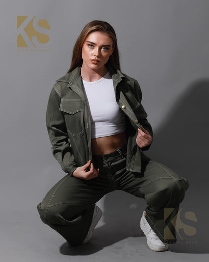 Co-Ord Gabardine Cutout Shirt & Cutout Pants - Olive