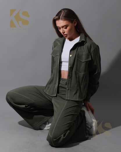 Co-Ord Gabardine Cutout Shirt & Cutout Pants - Olive