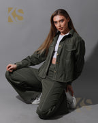 Co-Ord Gabardine Cutout Shirt & Cutout Pants - Olive