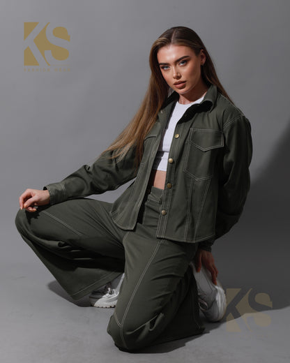 Co-Ord Gabardine Cutout Shirt & Cutout Pants - Olive