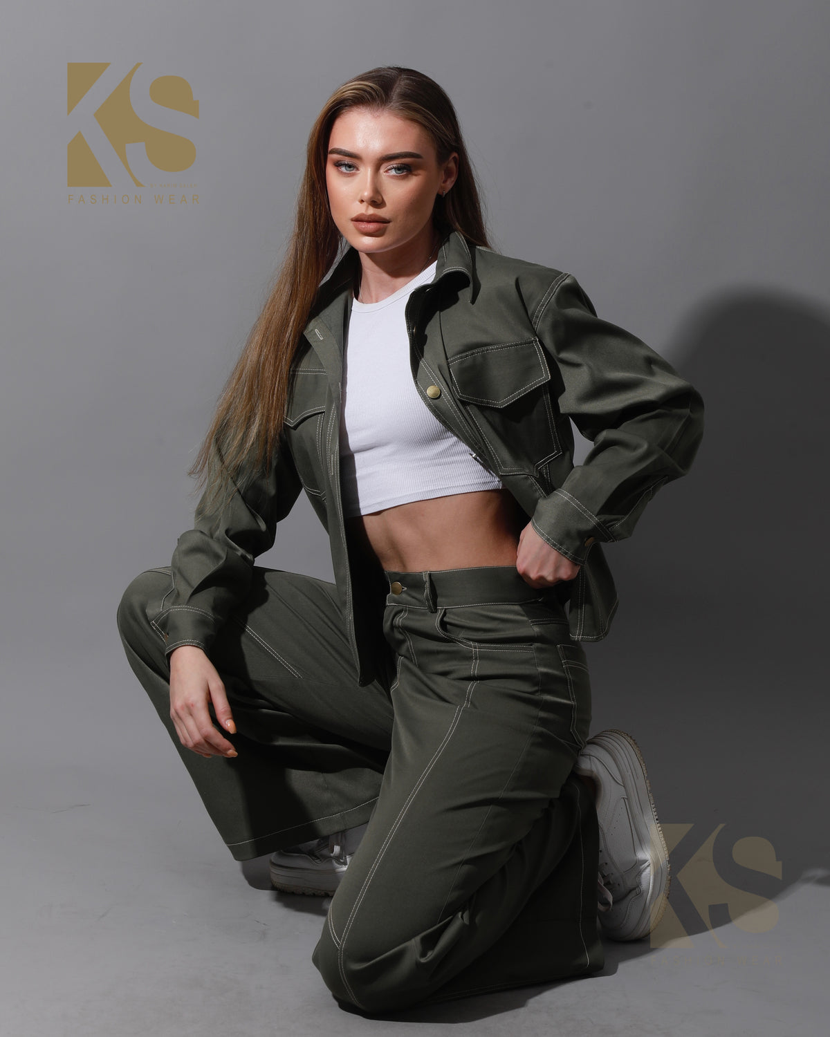 Co-Ord Gabardine Cutout Shirt & Cutout Pants - Olive