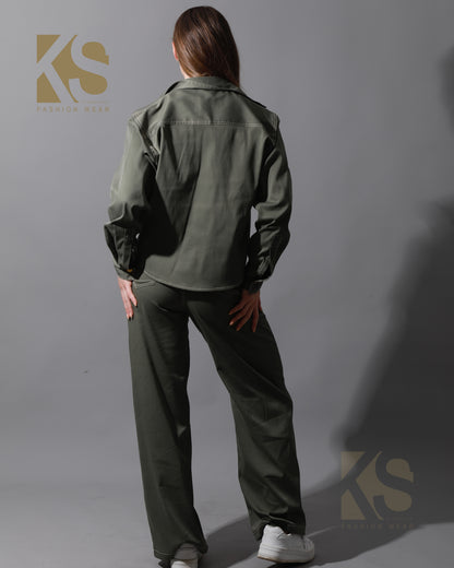 Co-Ord Gabardine Cutout Shirt & Cutout Pants - Olive