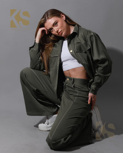 Co-Ord Gabardine Cutout Shirt & Cutout Pants - Olive