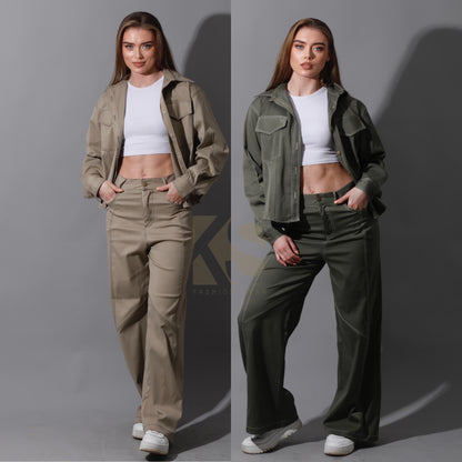 Co-Ord Gabardine Cutout Shirt & Cutout Pants - Olive