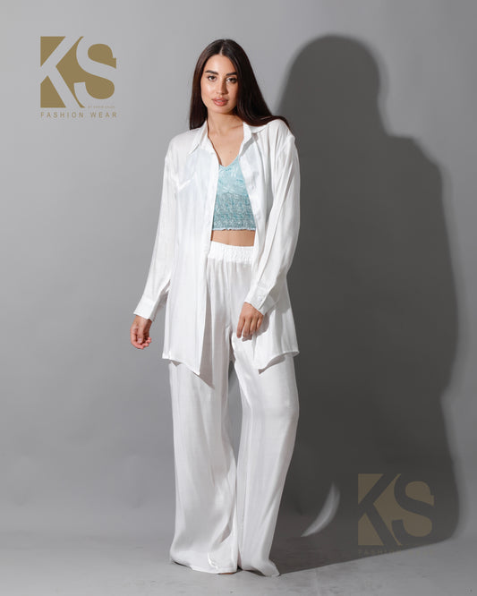 Shemer Long Shirt & Wide Leg Trousers Set - white