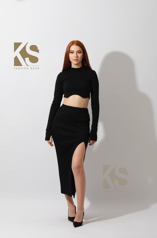 Co-ord Crop Top & Midi Skirt Rib Set - Black