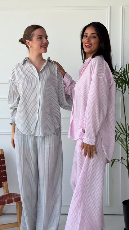 Matilda Long Sleeves Shirt & Wide Leg trousers - Striped Pink